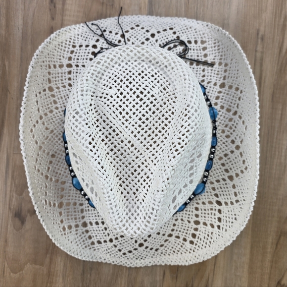 ?NIB White & Turquoise Beaded Straw Cowgirl Hat main image 14